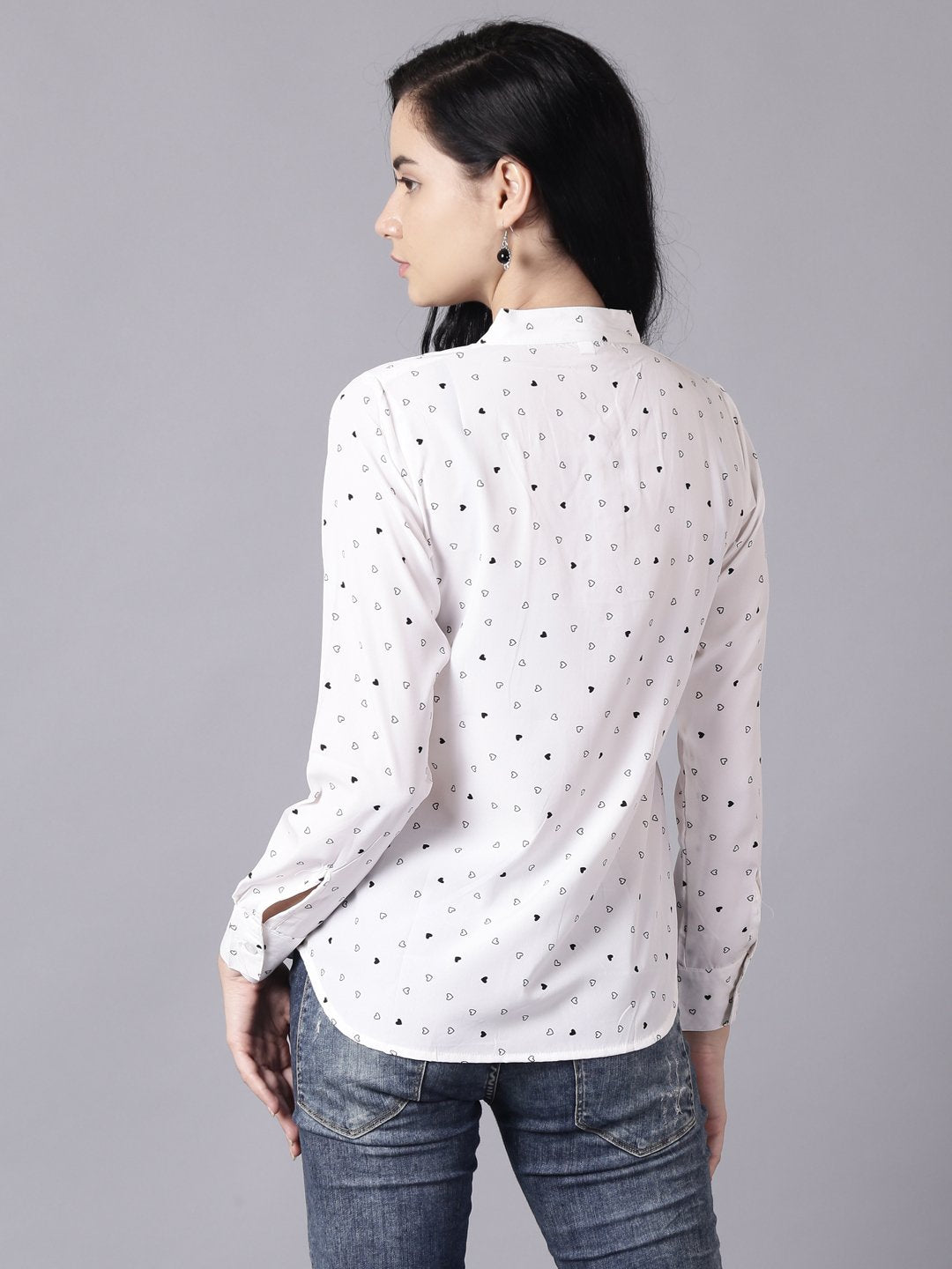 Women White Regular Printed Mandarin Collar Crepe Shirt | LASVINI - Redefining Indian Fashion with Elegance