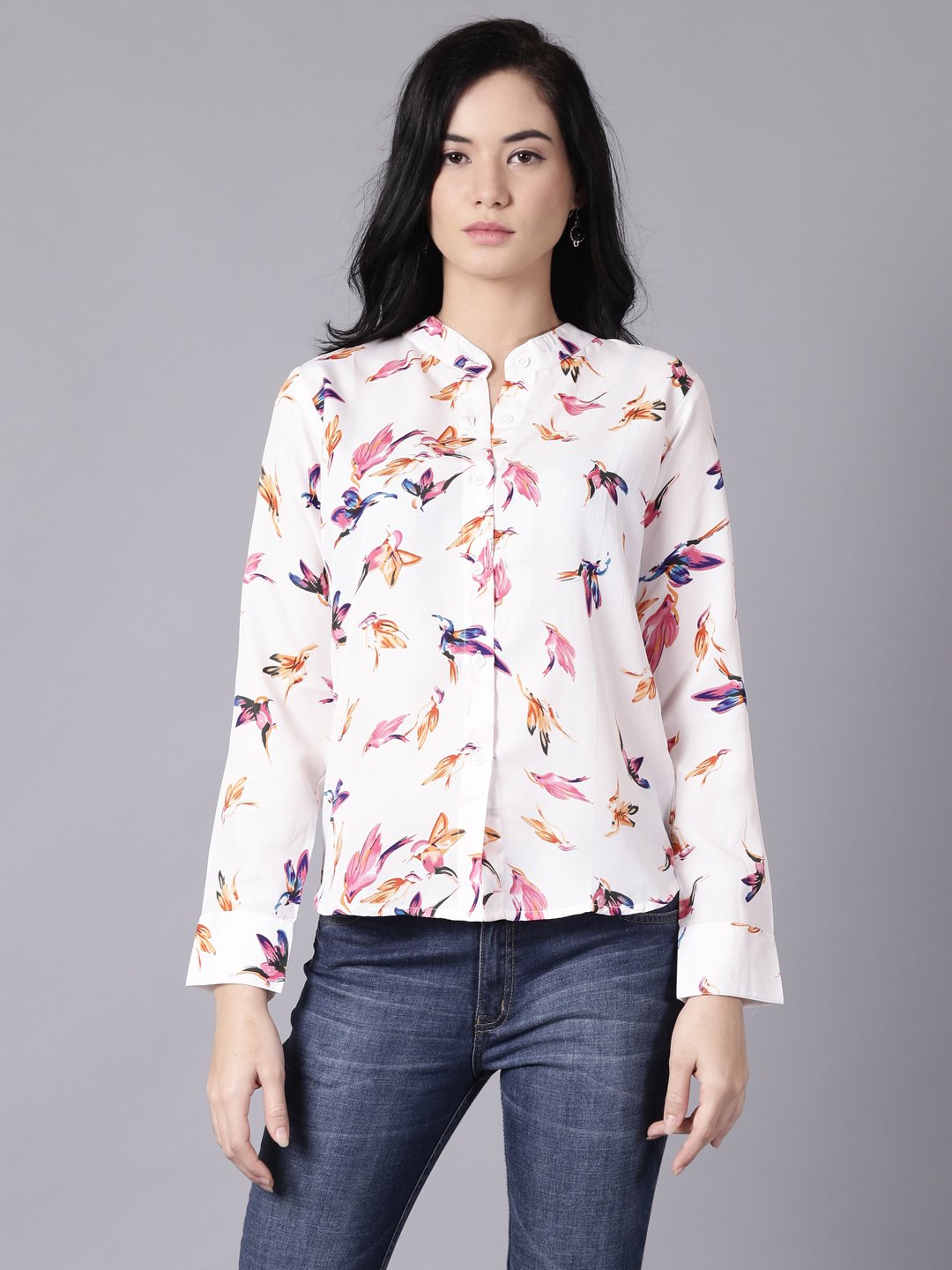 Women White Regular Printed Mandarin Collar Crepe Shirt | LASVINI - Redefining Indian Fashion with Elegance