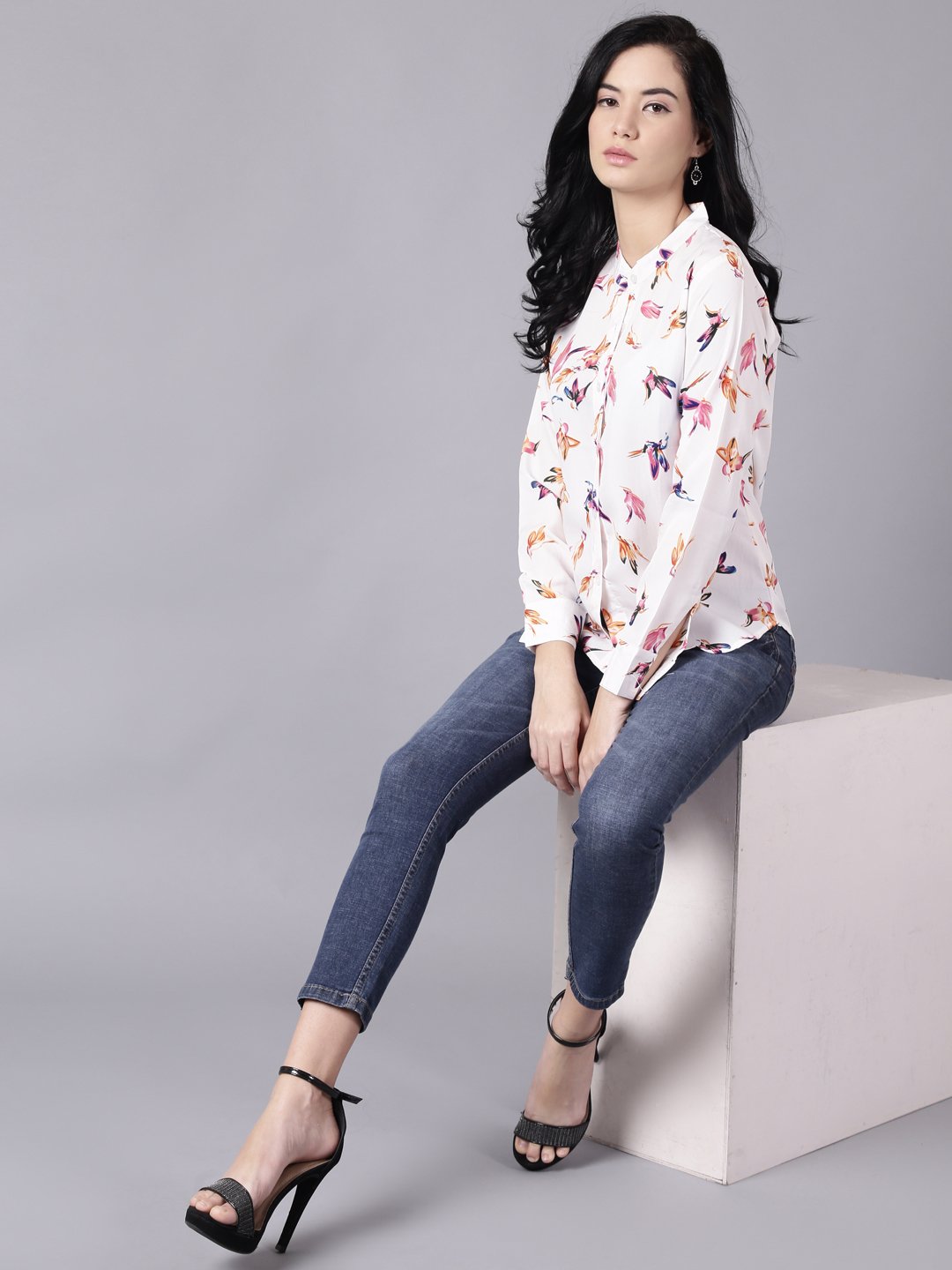 Women White Regular Printed Mandarin Collar Crepe Shirt | LASVINI - Redefining Indian Fashion with Elegance