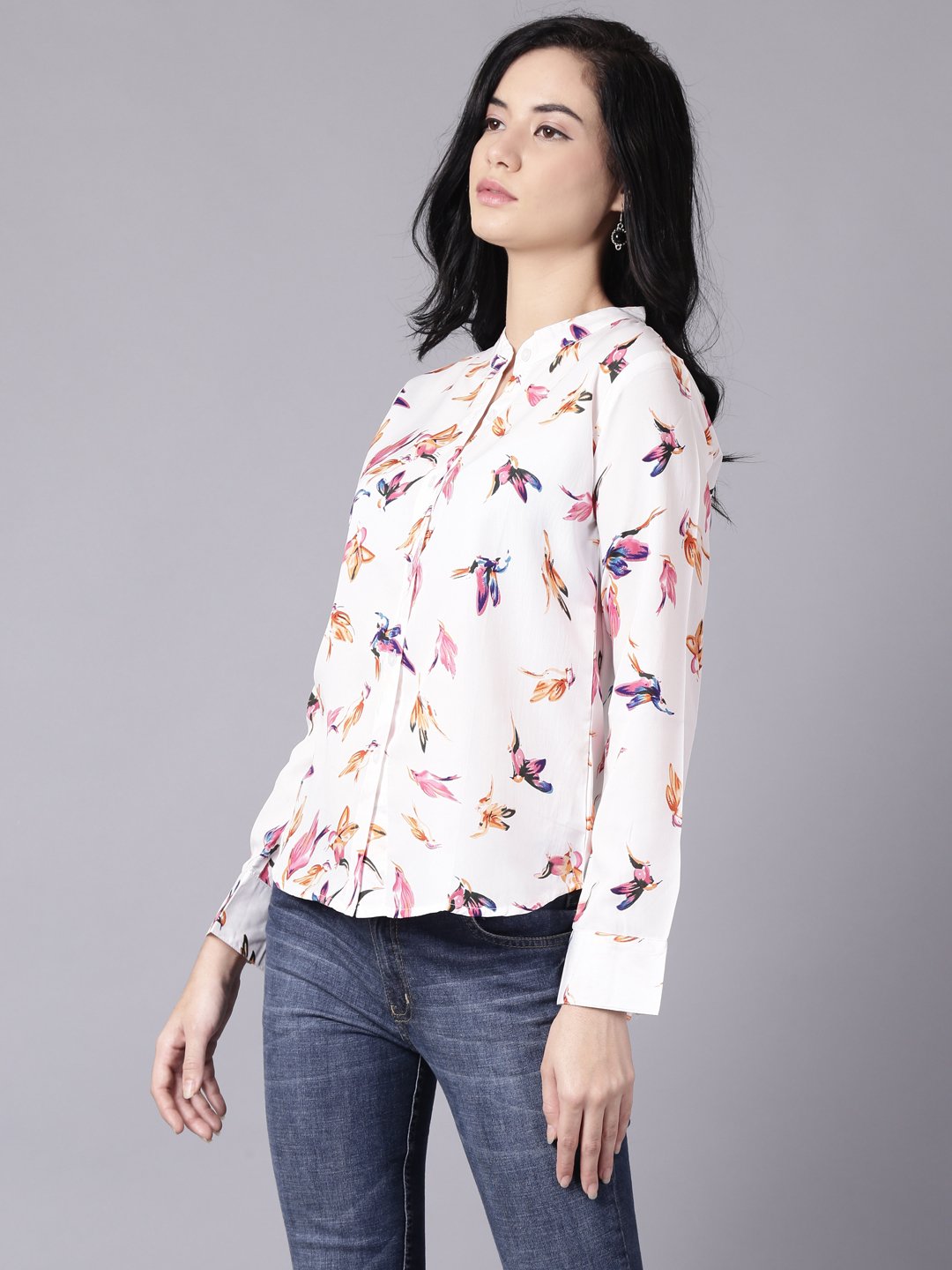 Women White Regular Printed Mandarin Collar Crepe Shirt | LASVINI - Redefining Indian Fashion with Elegance