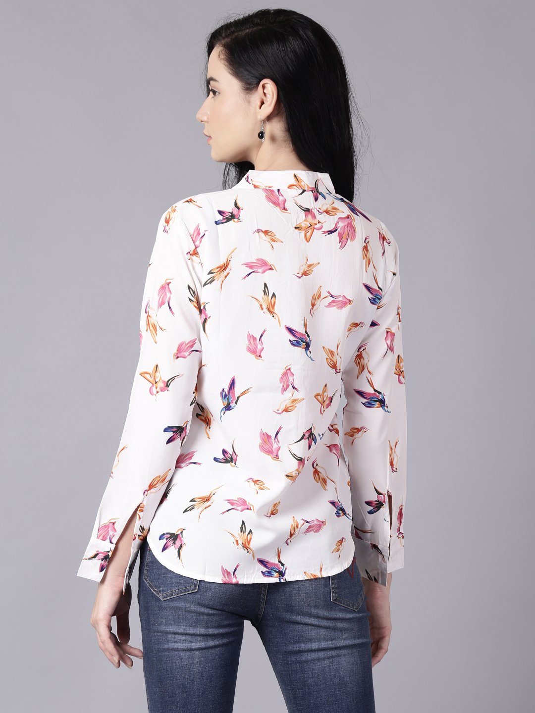 Women White Regular Printed Mandarin Collar Crepe Shirt | LASVINI - Redefining Indian Fashion with Elegance