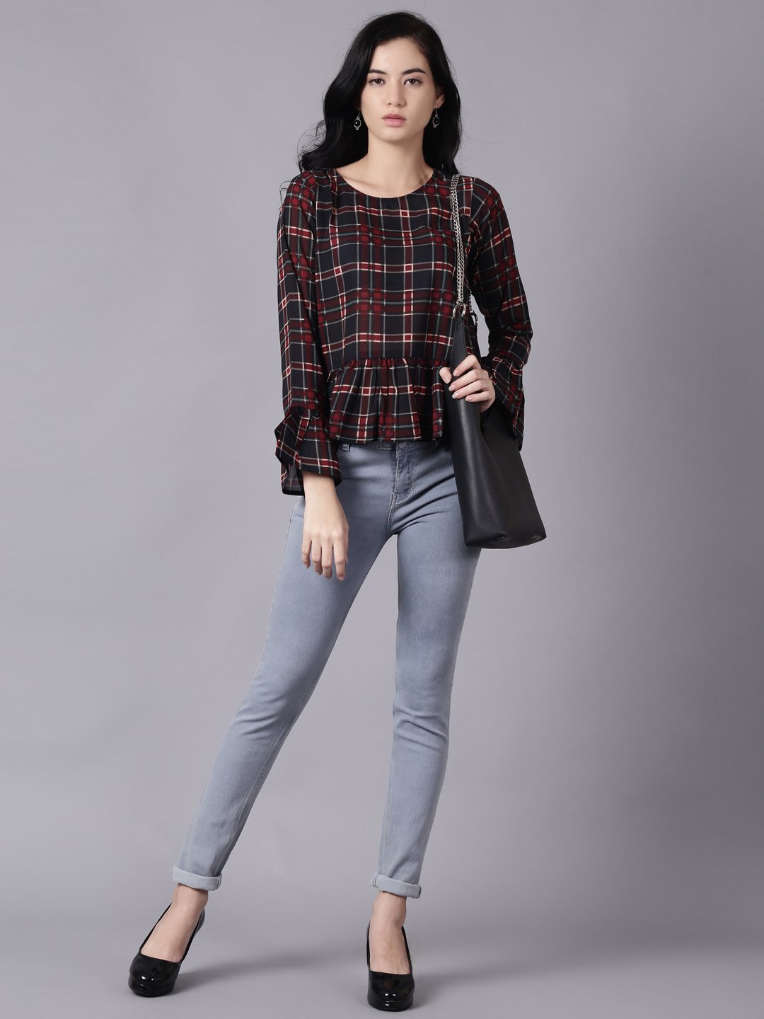 Women Blue Casual Checked Round Neck Top | LASVINI - Redefining Indian Fashion with Elegance