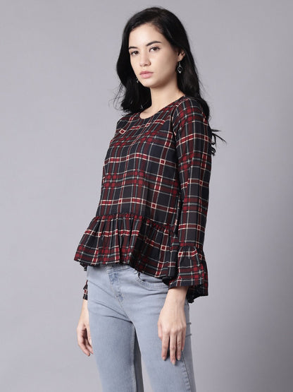 Women Blue Casual Checked Round Neck Top | LASVINI - Redefining Indian Fashion with Elegance