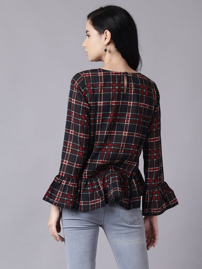 Women Blue Casual Checked Round Neck Top | LASVINI - Redefining Indian Fashion with Elegance