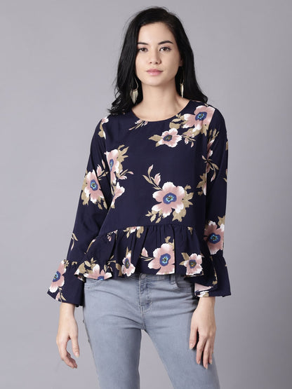Women Navy Blue Casual Printed Round Neck Top | LASVINI - Redefining Indian Fashion with Elegance
