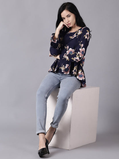 Women Navy Blue Casual Printed Round Neck Top | LASVINI - Redefining Indian Fashion with Elegance