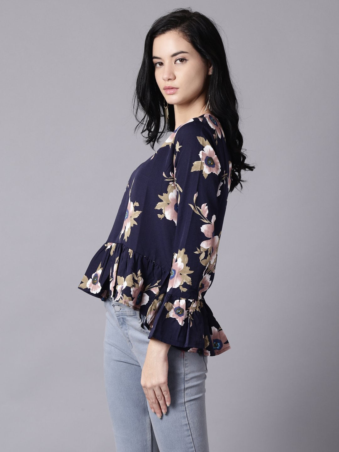Women Navy Blue Casual Printed Round Neck Top | LASVINI - Redefining Indian Fashion with Elegance