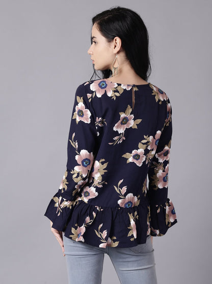 Women Navy Blue Casual Printed Round Neck Top | LASVINI - Redefining Indian Fashion with Elegance