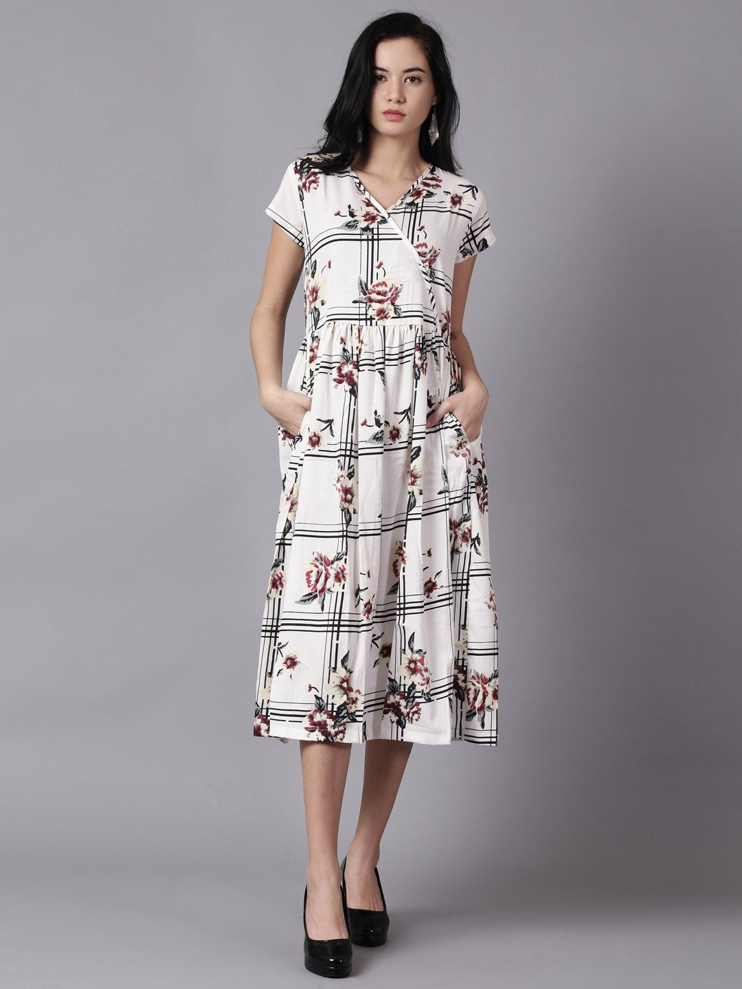 Women White Floral Printed V-Neck Fit And Flare Dress | LASVINI - Redefining Indian Fashion with Elegance