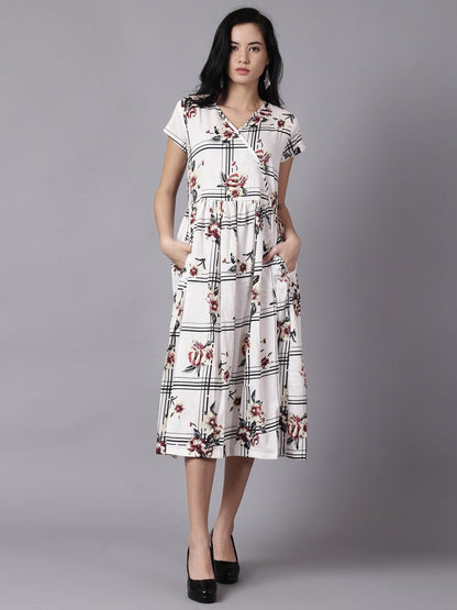 Women White Floral Printed V-Neck Fit And Flare Dress | LASVINI - Redefining Indian Fashion with Elegance