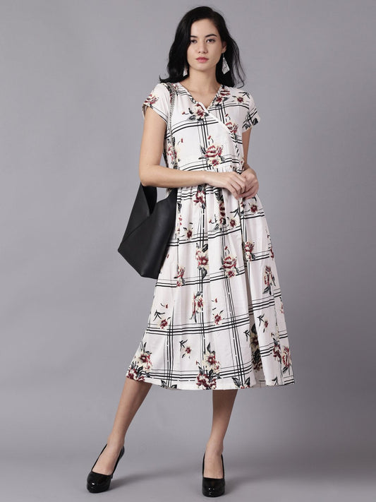 Women White Floral Printed V-Neck Fit And Flare Dress | LASVINI - Redefining Indian Fashion with Elegance