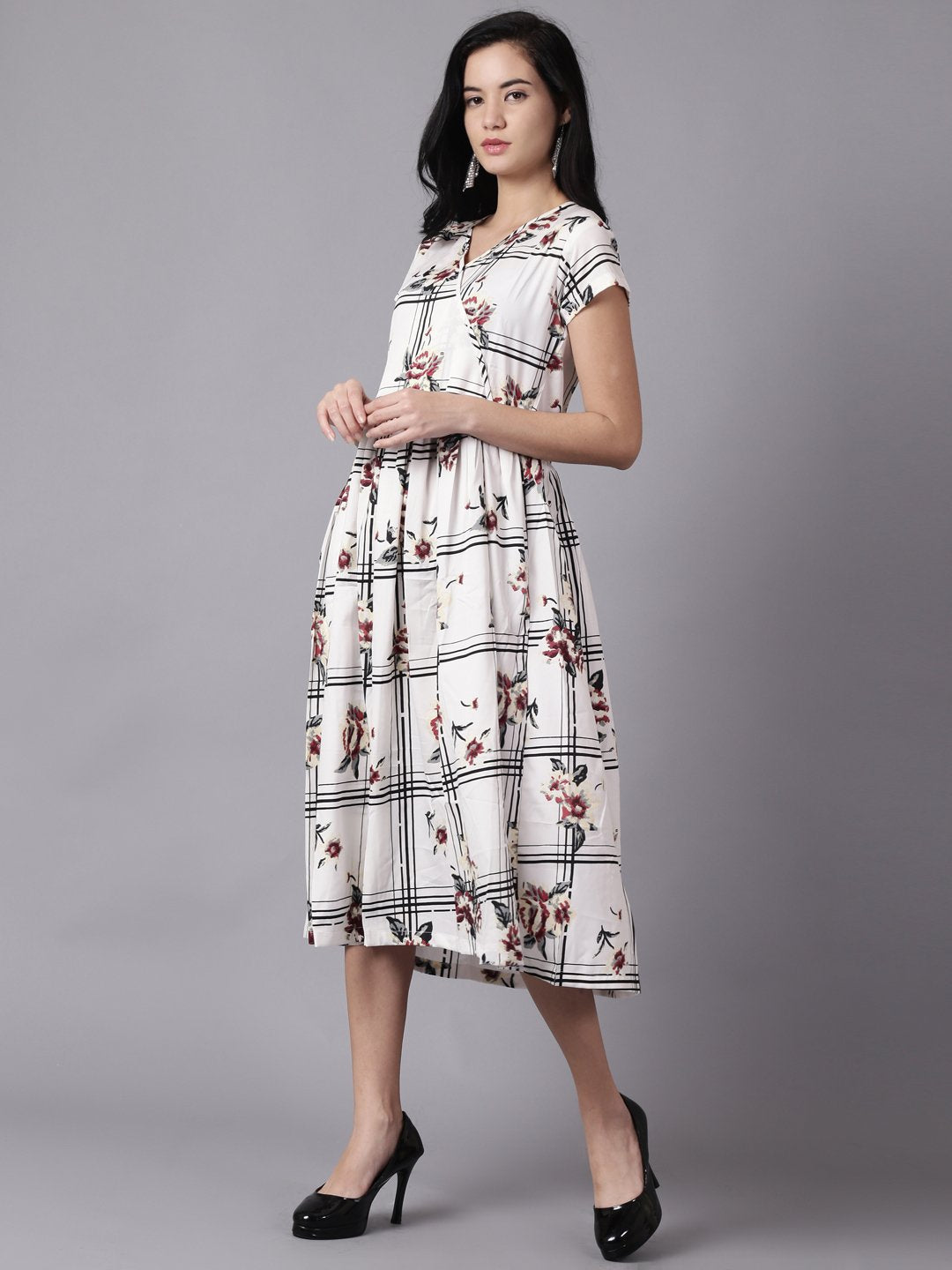 Women White Floral Printed V-Neck Fit And Flare Dress | LASVINI - Redefining Indian Fashion with Elegance