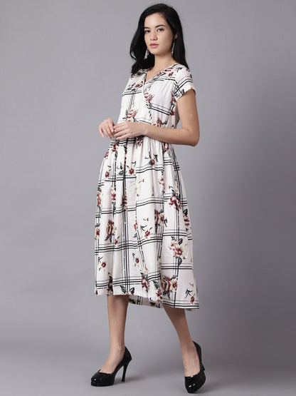 Women White Floral Printed V-Neck Fit And Flare Dress | LASVINI - Redefining Indian Fashion with Elegance