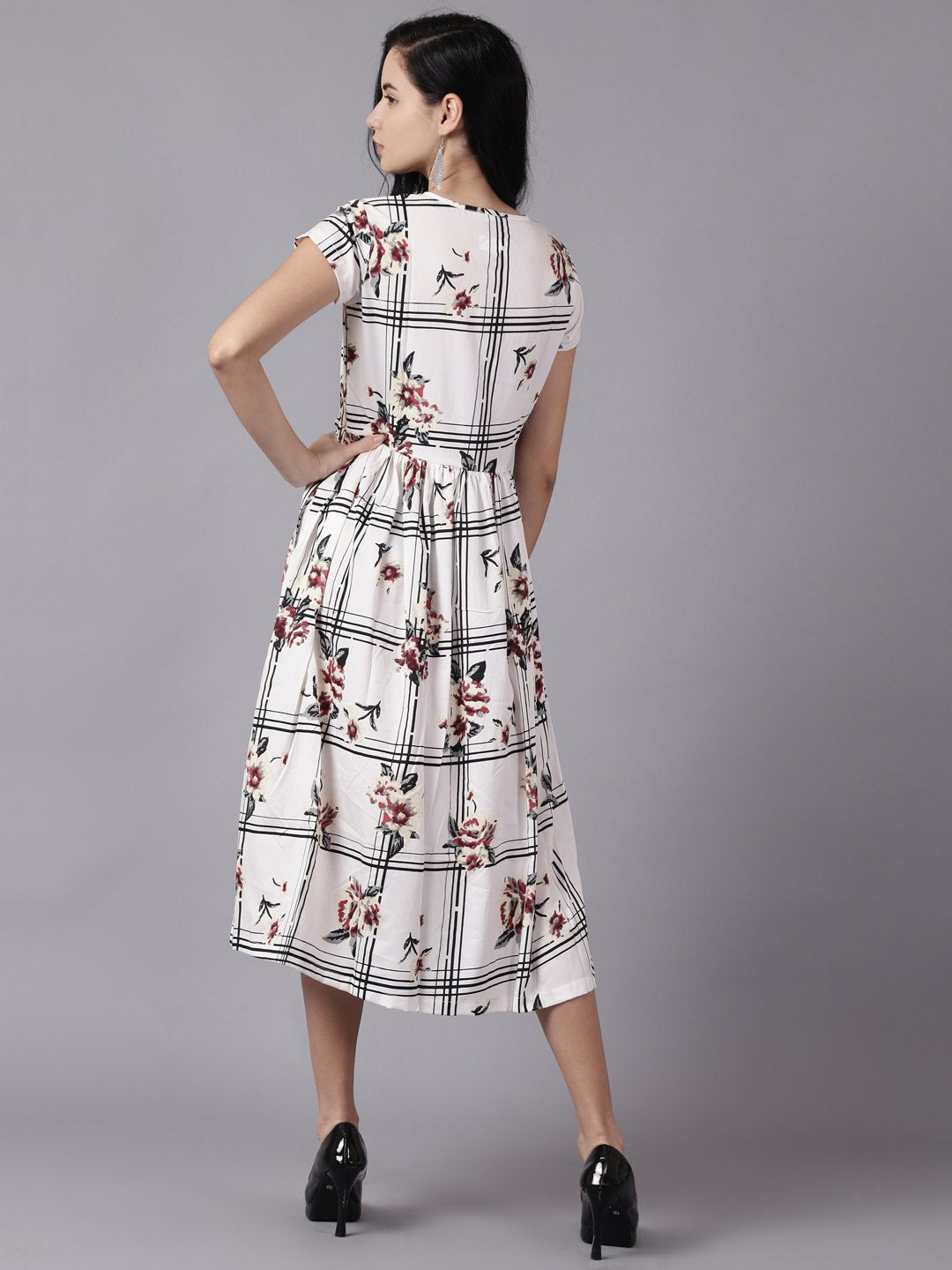 Women White Floral Printed V-Neck Fit And Flare Dress | LASVINI - Redefining Indian Fashion with Elegance
