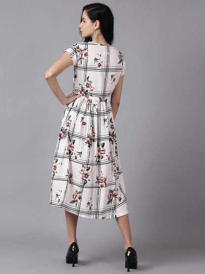 Women White Floral Printed V-Neck Fit And Flare Dress | LASVINI - Redefining Indian Fashion with Elegance