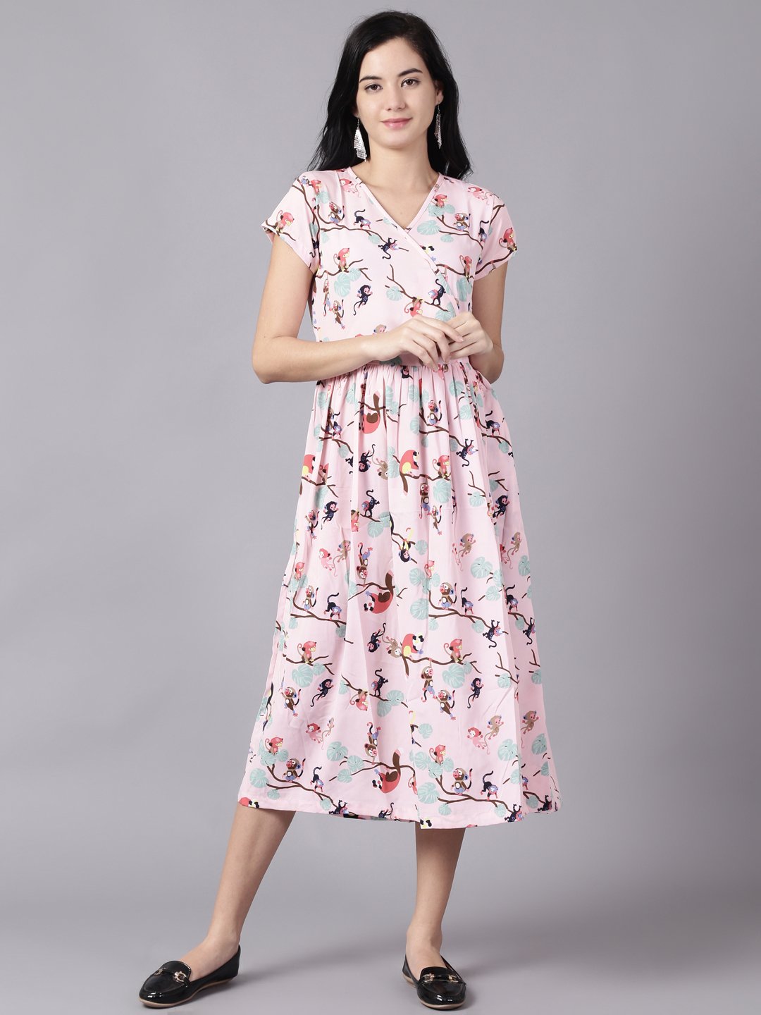 Women Pink Floral Printed V-Neck Fit And Flare Dress | LASVINI - Redefining Indian Fashion with Elegance