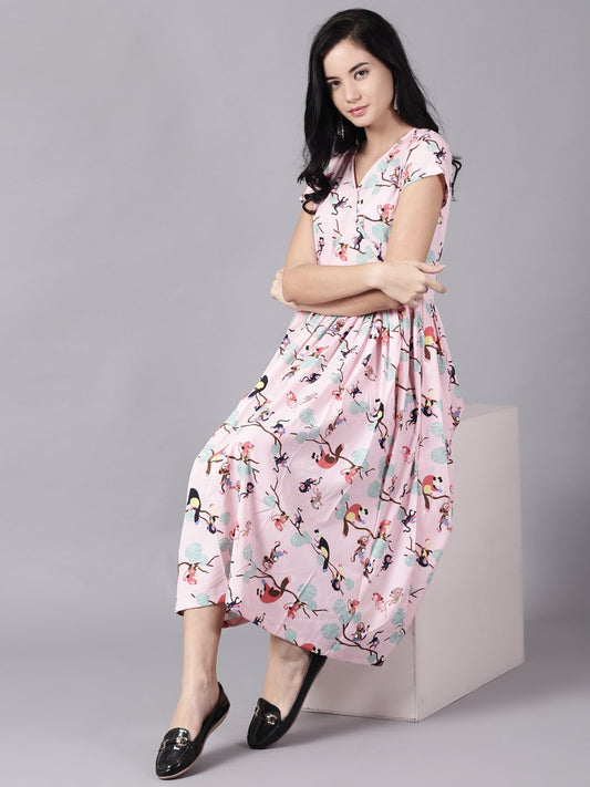 Women Pink Floral Printed V-Neck Fit And Flare Dress | LASVINI - Redefining Indian Fashion with Elegance