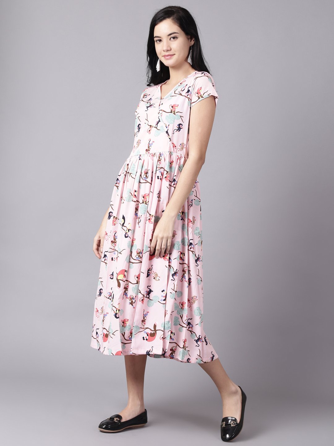 Women Pink Floral Printed V-Neck Fit And Flare Dress | LASVINI - Redefining Indian Fashion with Elegance