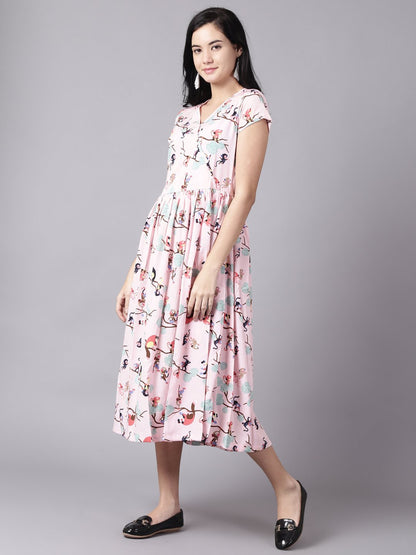 Women Pink Floral Printed V-Neck Fit And Flare Dress | LASVINI - Redefining Indian Fashion with Elegance