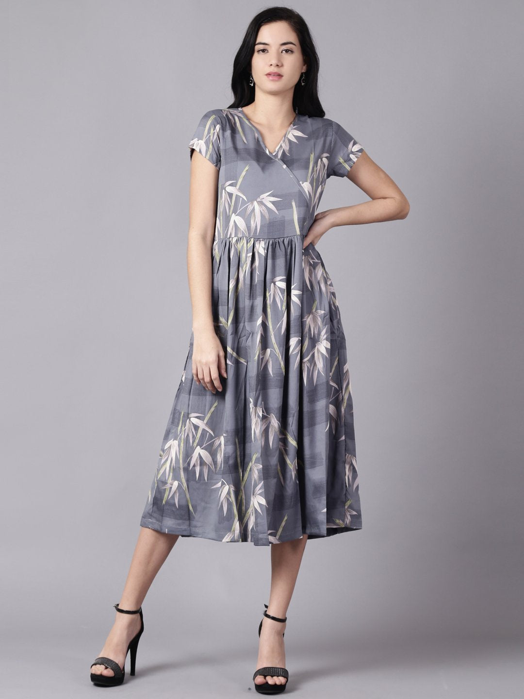 Women Blue Floral Printed V-Neck Fit And Flare Dress | LASVINI - Redefining Indian Fashion with Elegance