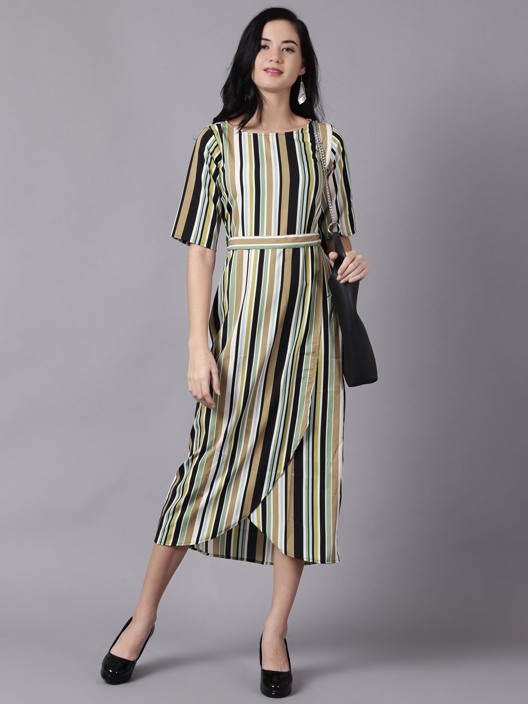 Women Multi Striped Striped Round Neck A-Line Dress | LASVINI - Redefining Indian Fashion with Elegance