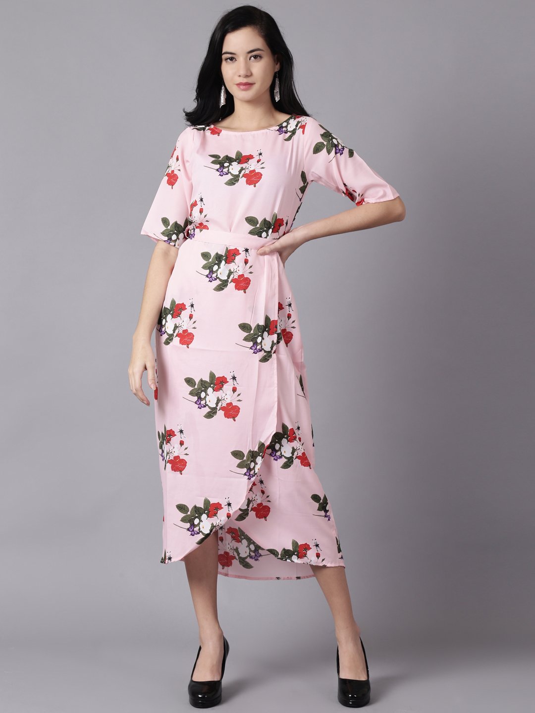 Women Pink Floral Printed Round Neck A-Line Dress | LASVINI - Redefining Indian Fashion with Elegance
