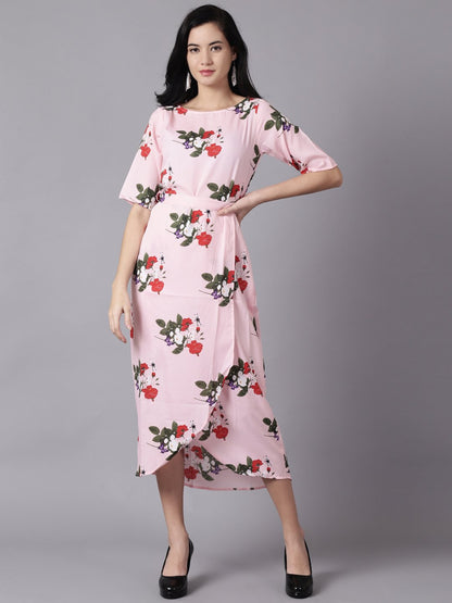 Women Pink Floral Printed Round Neck A-Line Dress | LASVINI - Redefining Indian Fashion with Elegance