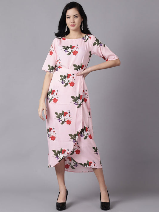 Women Pink Floral Printed Round Neck A-Line Dress | LASVINI - Redefining Indian Fashion with Elegance