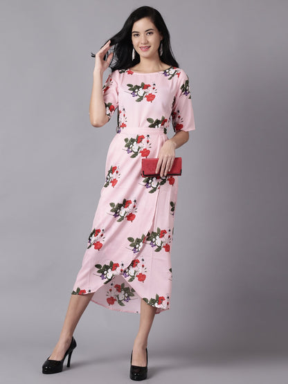 Women Pink Floral Printed Round Neck A-Line Dress | LASVINI - Redefining Indian Fashion with Elegance