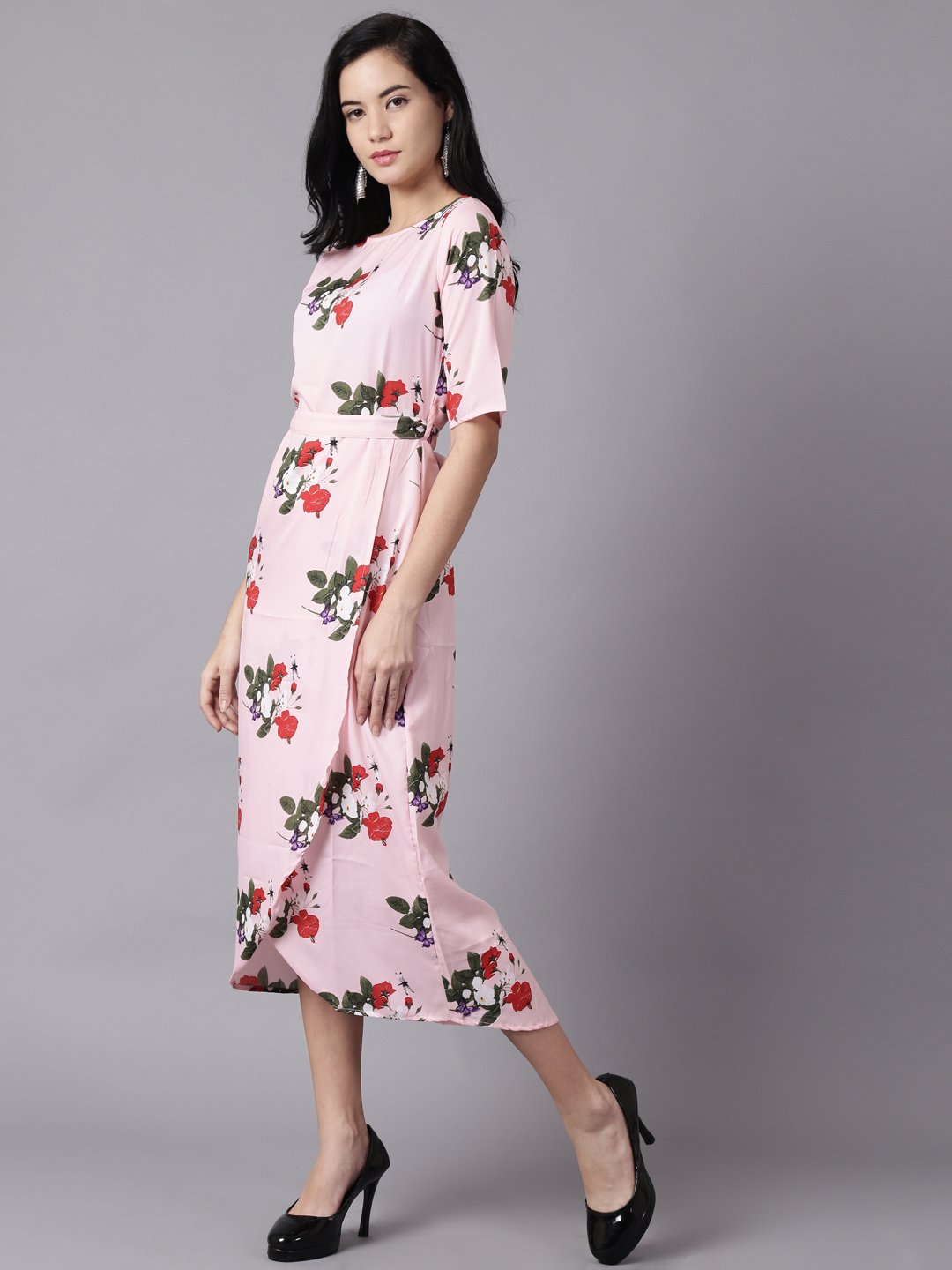 Women Pink Floral Printed Round Neck A-Line Dress | LASVINI - Redefining Indian Fashion with Elegance