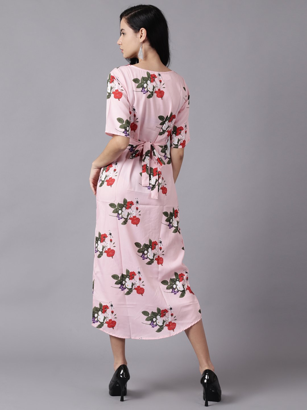 Women Pink Floral Printed Round Neck A-Line Dress | LASVINI - Redefining Indian Fashion with Elegance