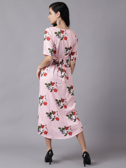 Women Pink Floral Printed Round Neck A-Line Dress | LASVINI - Redefining Indian Fashion with Elegance