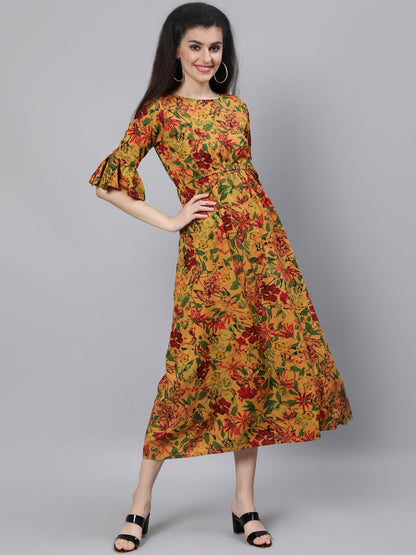 Women Mustard Printed Maxi Dress With Flared Sleeves | LASVINI - Redefining Indian Fashion with Elegance