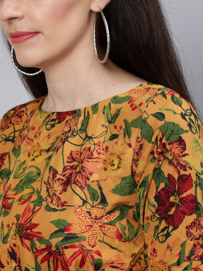 Women Mustard Printed Maxi Dress With Flared Sleeves | LASVINI - Redefining Indian Fashion with Elegance