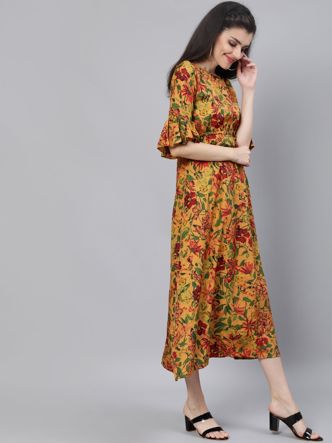 Women Mustard Printed Maxi Dress With Flared Sleeves | LASVINI - Redefining Indian Fashion with Elegance