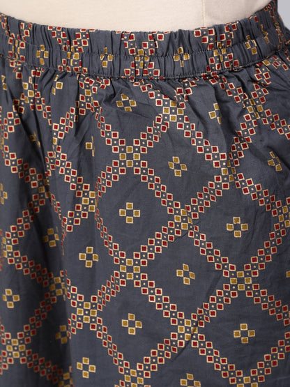 Women Steel Grey  Gold Printed Three-Quarter Sleeves Straight Kurta With Palazzo And Dupatta With Pockets And Face Mask | LASVINI - Redefining Indian Fashion with Elegance