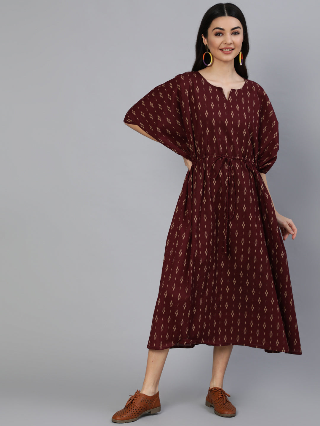Women Burgundy Printed Kaftan Kurta | LASVINI - Redefining Indian Fashion with Elegance