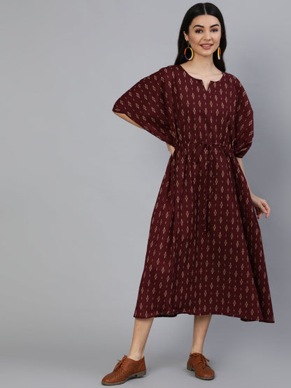 Women Burgundy Printed Kaftan Kurta | LASVINI - Redefining Indian Fashion with Elegance