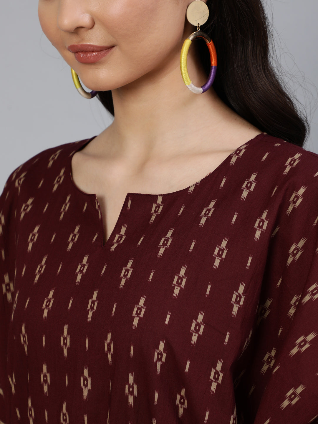 Women Burgundy Printed Kaftan Kurta | LASVINI - Redefining Indian Fashion with Elegance
