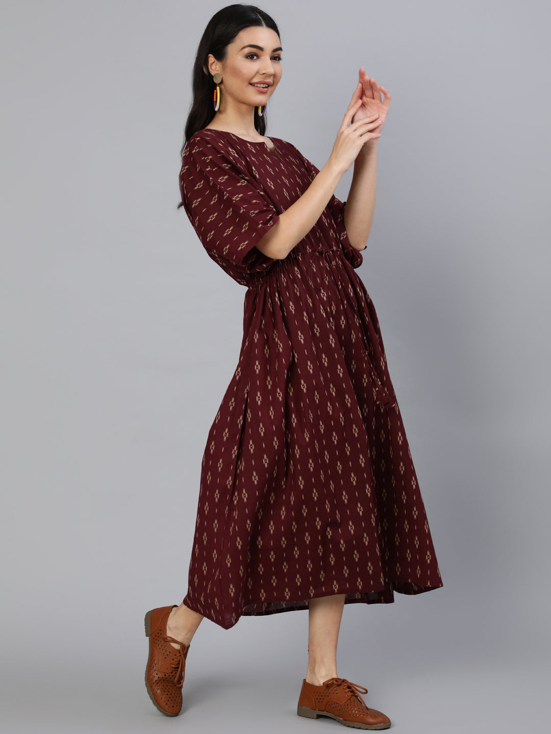 Women Burgundy Printed Kaftan Kurta | LASVINI - Redefining Indian Fashion with Elegance
