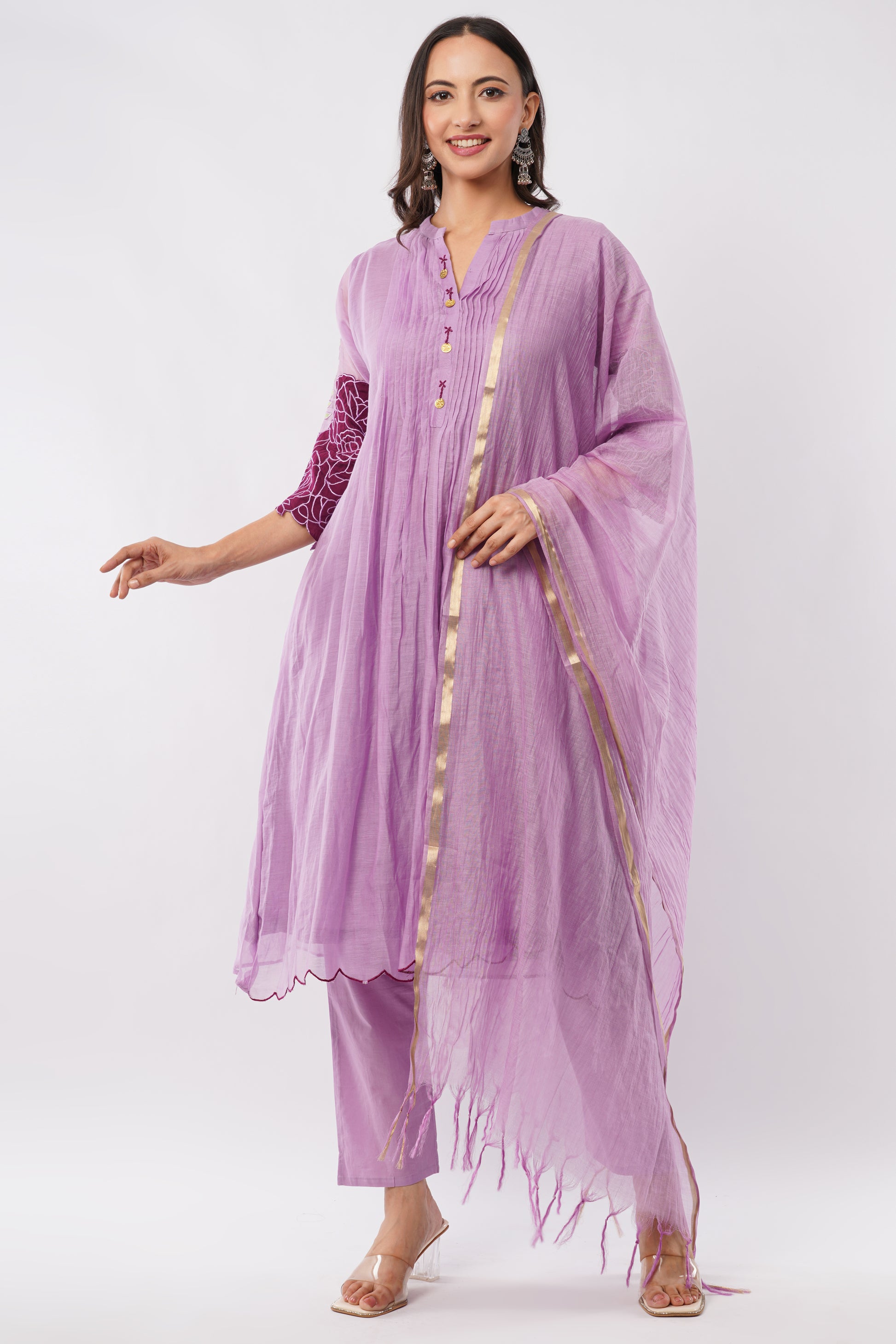 Women Lavender Mul Chanderi Party Wear Kurti Set With Dupatta | LASVINI