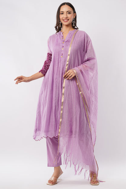 Women Lavender Mul Chanderi Party Wear Kurti Set With Dupatta | LASVINI