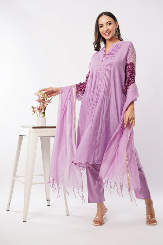 Women Lavender Mul Chanderi Party Wear Kurti Set With Dupatta | LASVINI