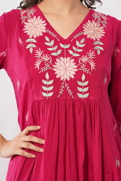 Women Red Embroidered Mul Chanderi Party Wear Kurti Set with Dupatta | LASVINI