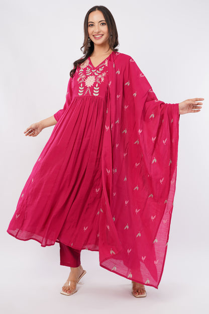 Women Red Embroidered Mul Chanderi Party Wear Kurti Set with Dupatta | LASVINI