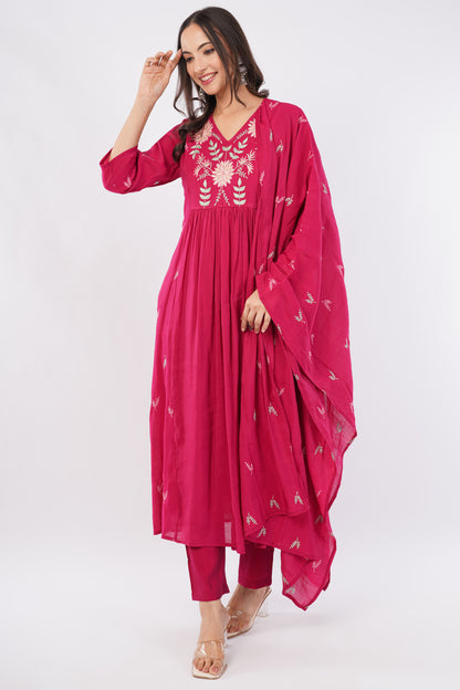 Women Red Embroidered Mul Chanderi Party Wear Kurti Set with Dupatta | LASVINI