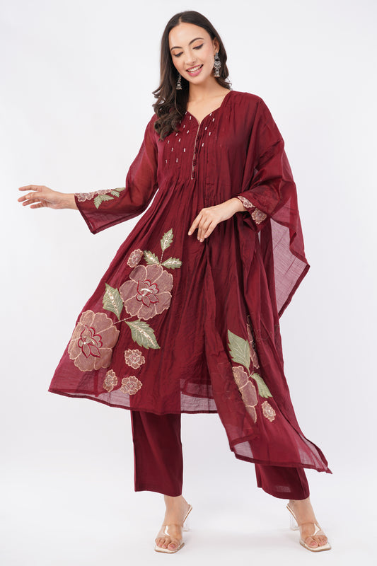 Women Maroon Embroidered Mul Chanderi Party Wear Kurti Set With Dupatta | LASVINI