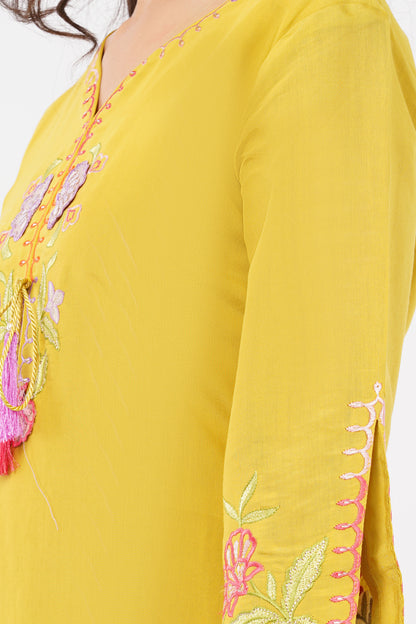 Women Yellow Embroidered Silk Blend Party Wear Kurti Set With Dupatta | LASVINI
