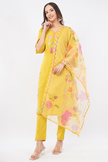 Women Yellow Embroidered Silk Blend Party Wear Kurti Set With Dupatta | LASVINI