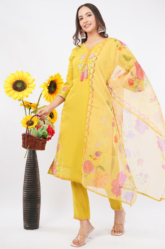 Women Yellow Embroidered Silk Blend Party Wear Kurti Set With Dupatta | LASVINI